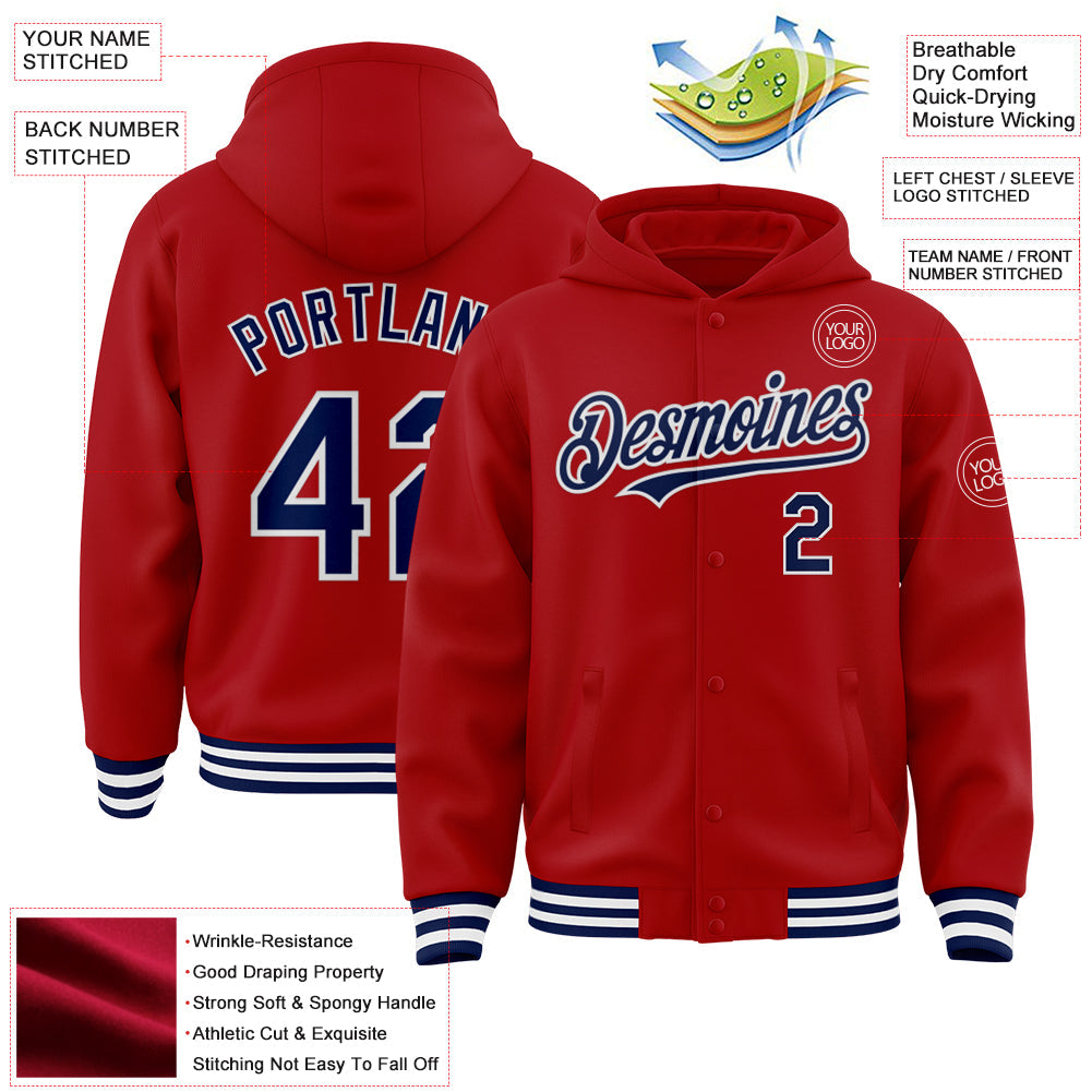 Custom Red Navy-White Bomber Full-Snap Varsity Letterman Hoodie Jacket view 3