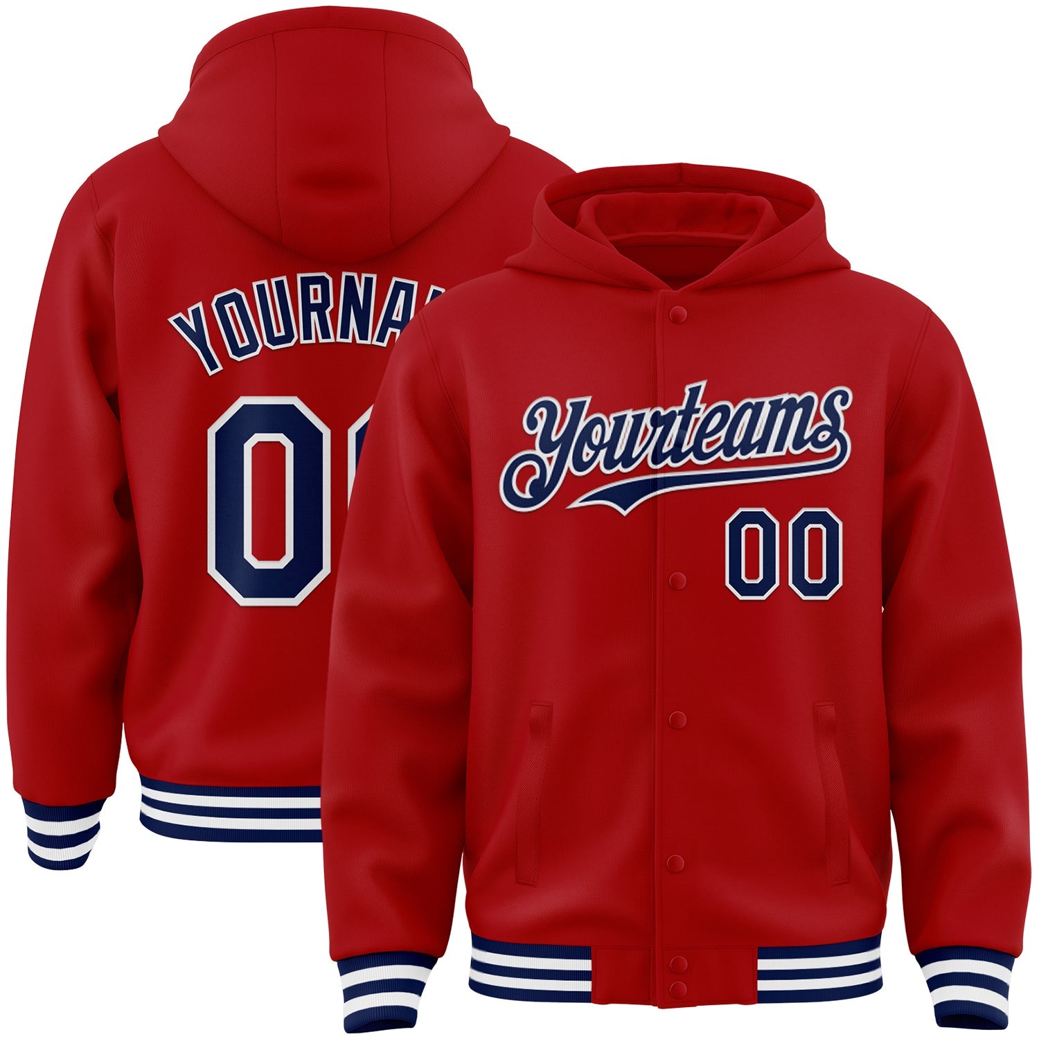 Custom Red Navy-White Bomber Full-Snap Varsity Letterman Hoodie Jacket - Main View