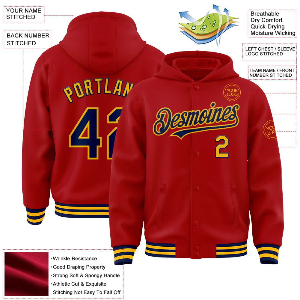 Custom Red Navy-Gold Bomber Full-Snap Varsity Letterman Hoodie Jacket view 3