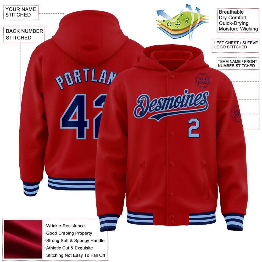 Custom Red Navy-Light Blue Bomber Full-Snap Varsity Letterman Hoodie Jacket view 3