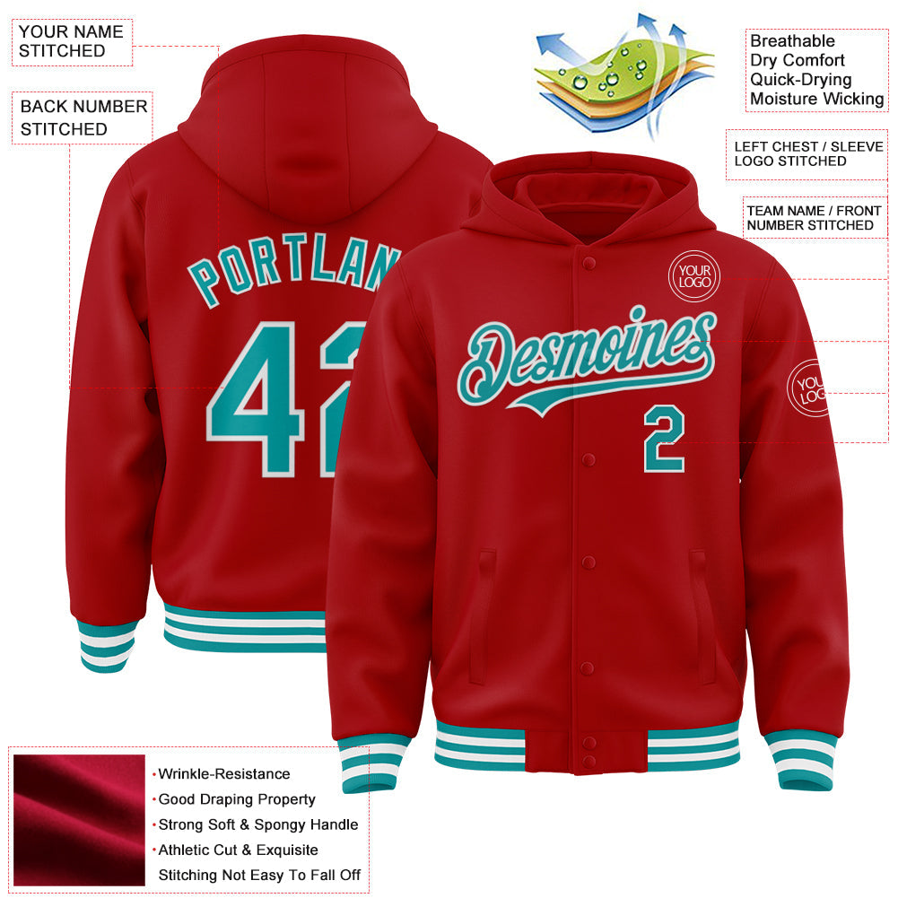 Custom Red Teal-White Bomber Full-Snap Varsity Letterman Hoodie Jacket view 3