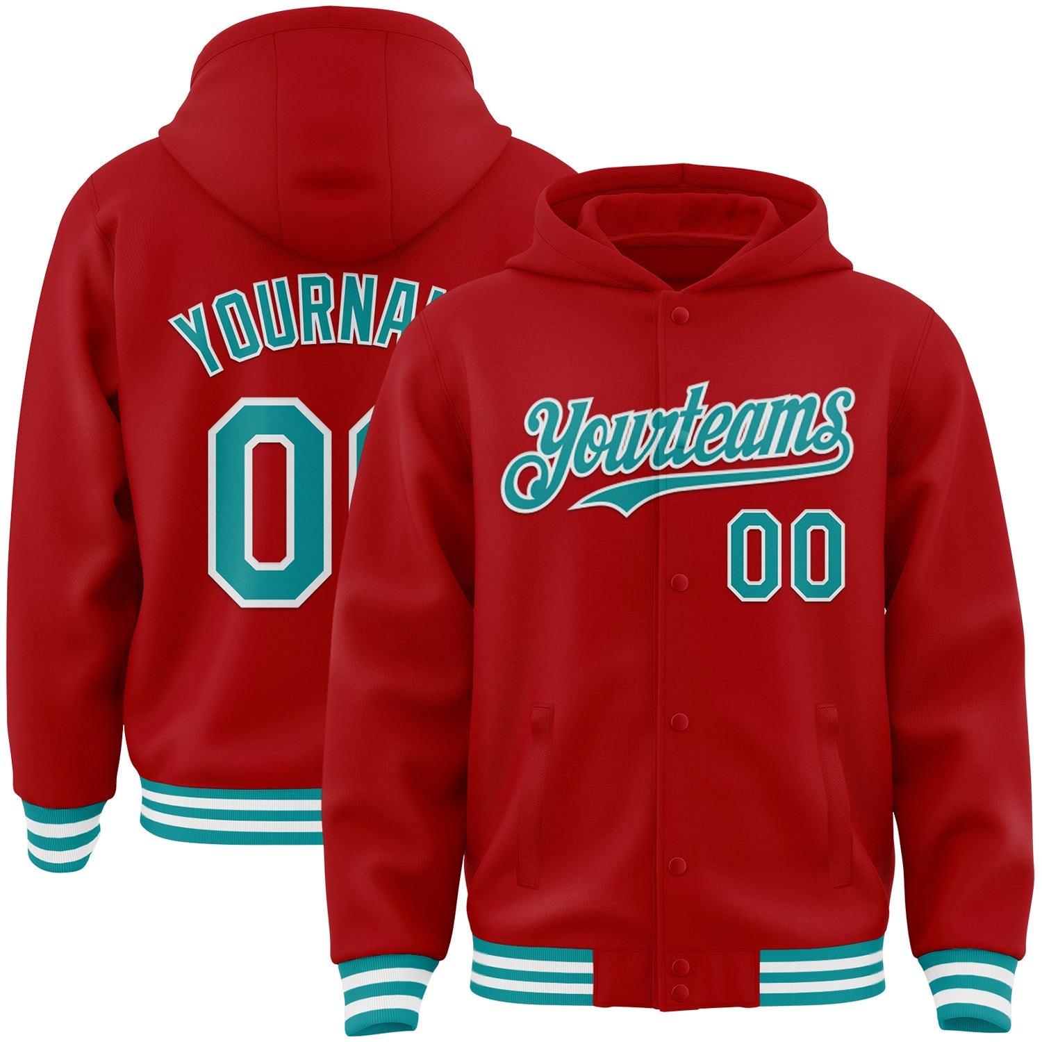 Custom Red Teal-White Bomber Full-Snap Varsity Letterman Hoodie Jacket - Main View