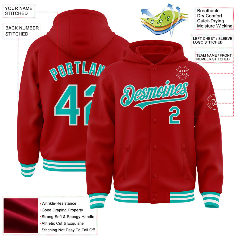 Custom Red Aqua-White Bomber Full-Snap Varsity Letterman Hoodie Jacket view 3