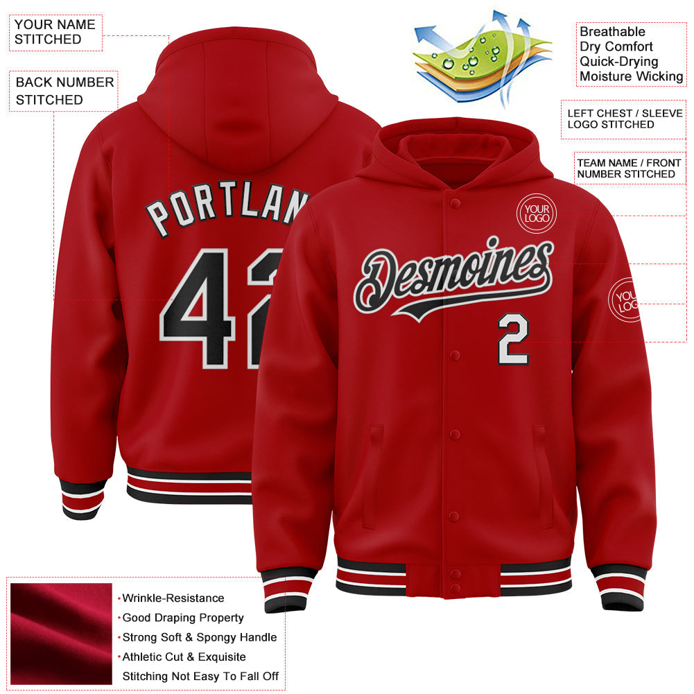 Custom Red Black-White Bomber Full-Snap Varsity Letterman Hoodie Jacket view 3