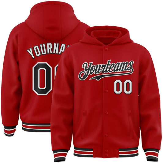 Custom Red Black-White Bomber Full-Snap Varsity Letterman Hoodie Jacket - Main View