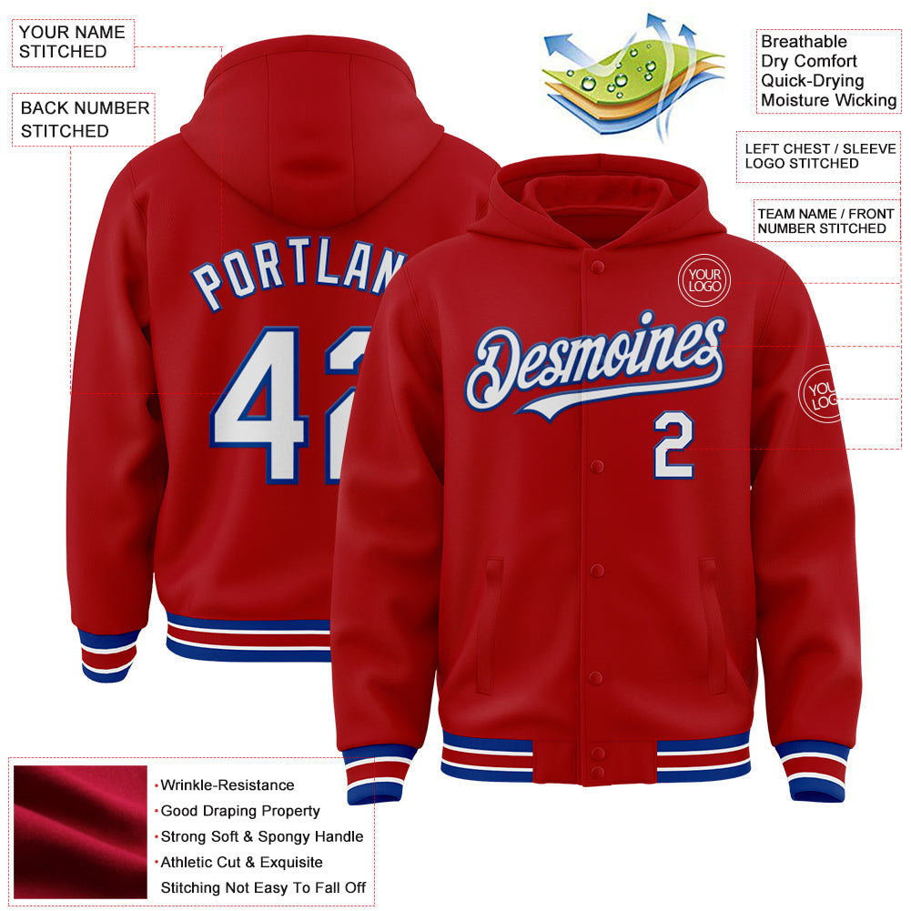 Custom Red White-Royal Bomber Full-Snap Varsity Letterman Hoodie Jacket view 3