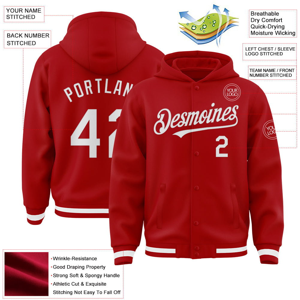 Custom Red White Bomber Full-Snap Varsity Letterman Hoodie Jacket view 3