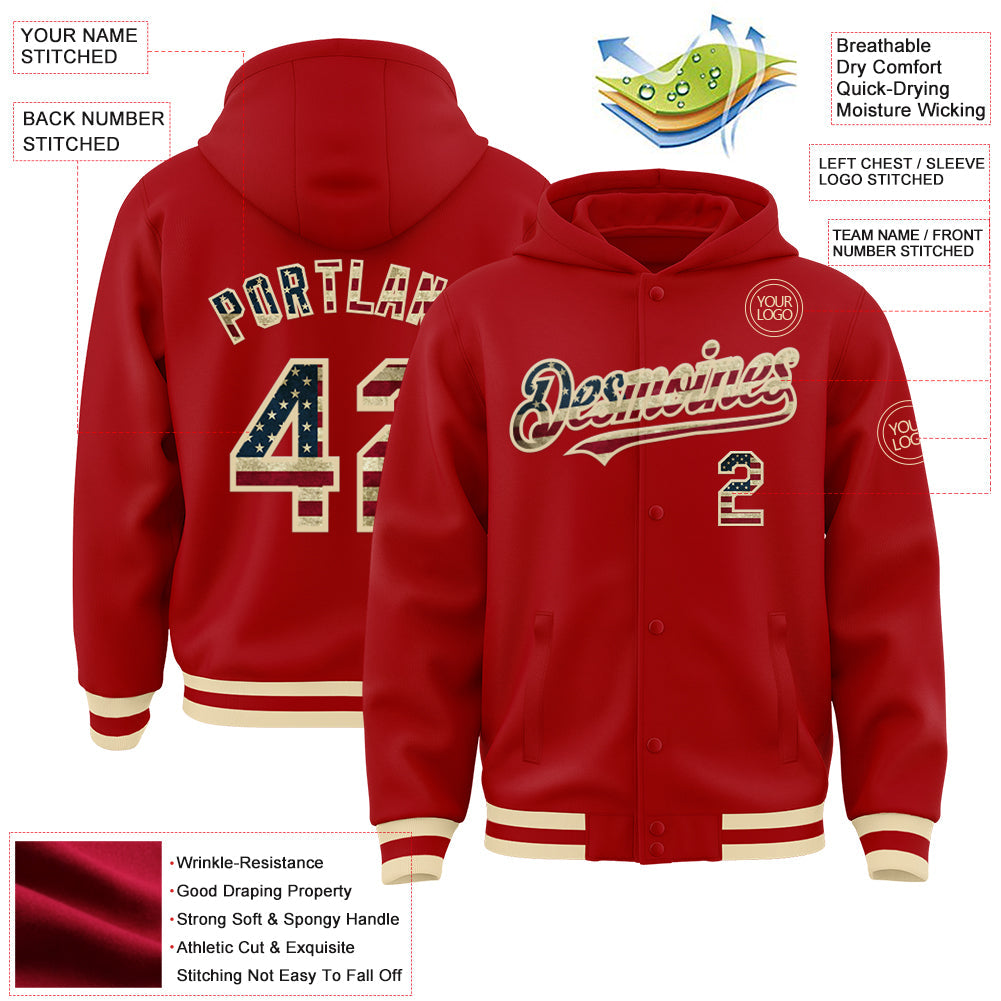 Custom Red Vintage USA Flag-Cream Bomber Full-Snap Varsity Letterman Hoodie Jacket view 3