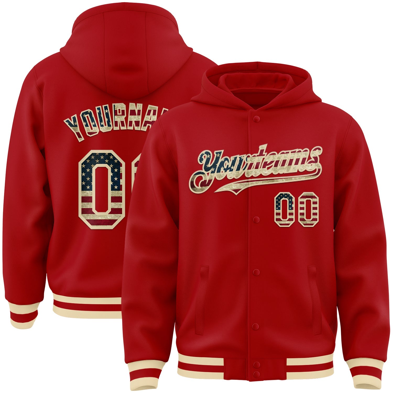 Custom Red Vintage USA Flag-Cream Bomber Full-Snap Varsity Letterman Hoodie Jacket - Main View