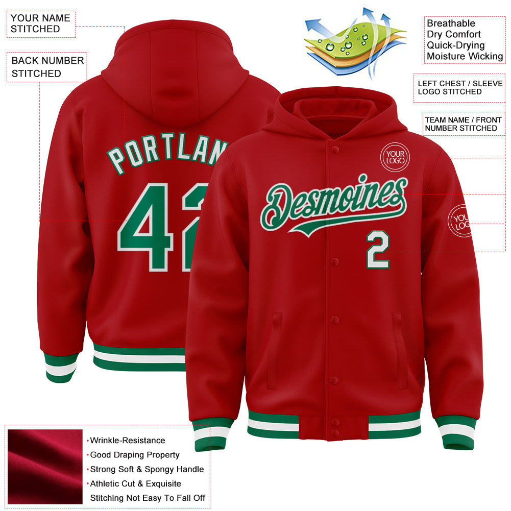 Custom Red Kelly Green-White Bomber Full-Snap Varsity Letterman Hoodie Jacket view 3