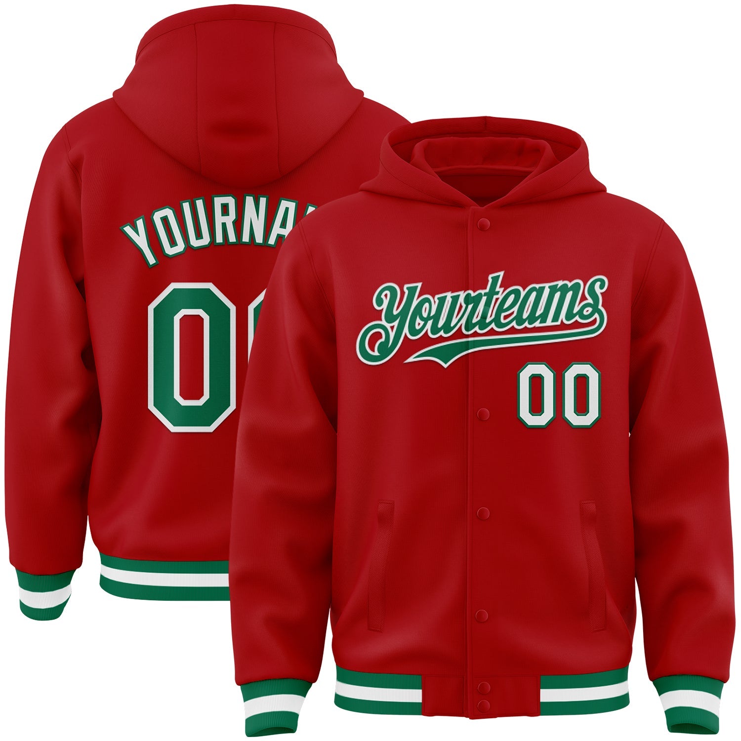 Custom Red Kelly Green-White Bomber Full-Snap Varsity Letterman Hoodie Jacket - Main View