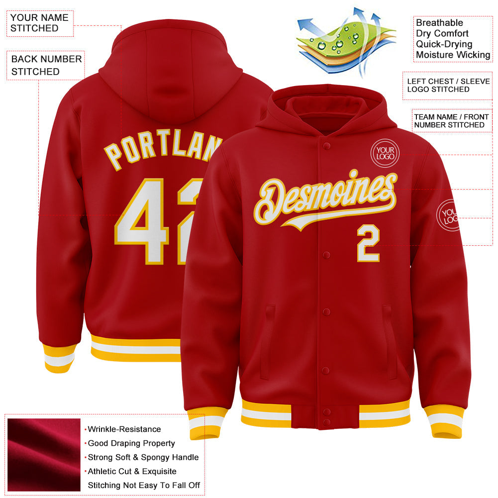 Custom Red White-Gold Bomber Full-Snap Varsity Letterman Hoodie Jacket view 3