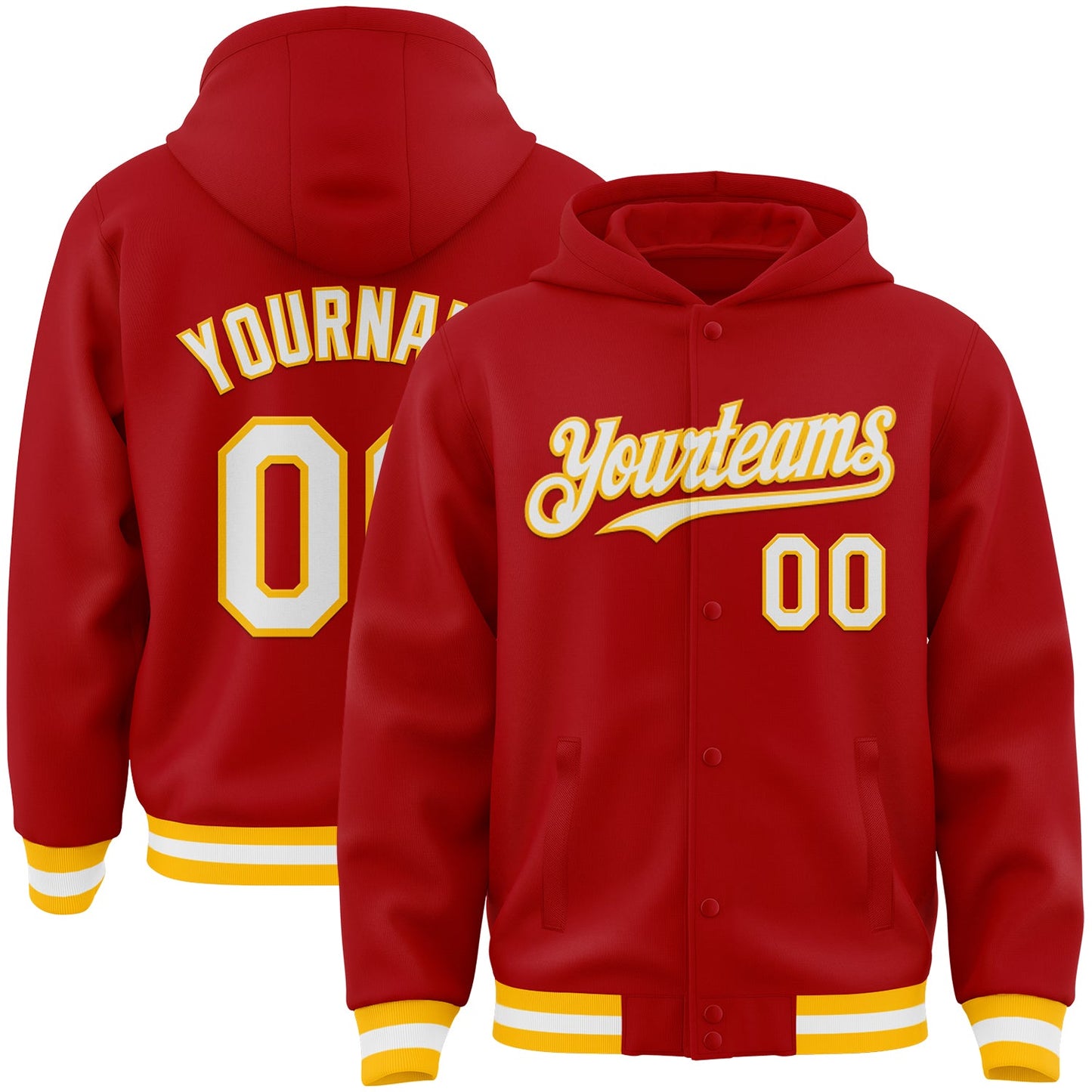 Custom Red White-Gold Bomber Full-Snap Varsity Letterman Hoodie Jacket - Main View