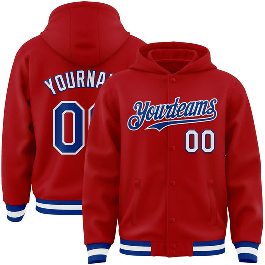 Custom Red Royal-White Bomber Full-Snap Varsity Letterman Hoodie Jacket - Main View