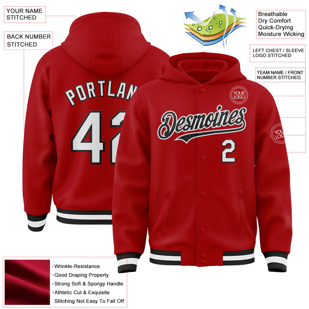 Custom Red White-Black Bomber Full-Snap Varsity Letterman Hoodie Jacket view 3
