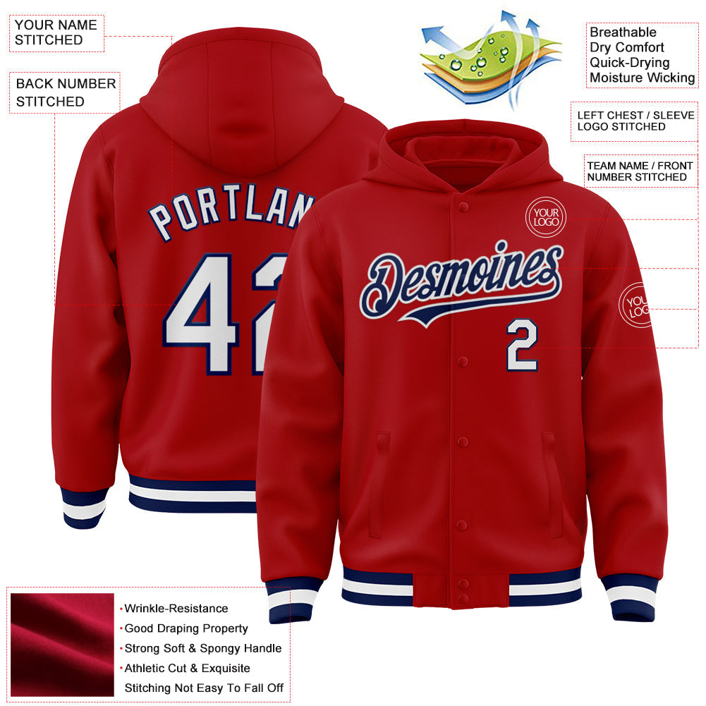 Custom Red White-Navy Bomber Full-Snap Varsity Letterman Hoodie Jacket view 3