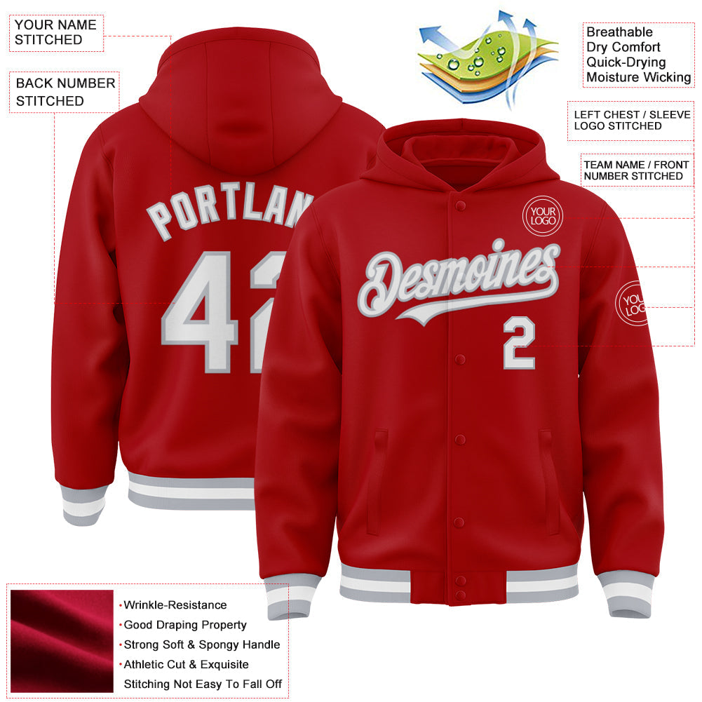 Custom Red White-Gray Bomber Full-Snap Varsity Letterman Hoodie Jacket view 3