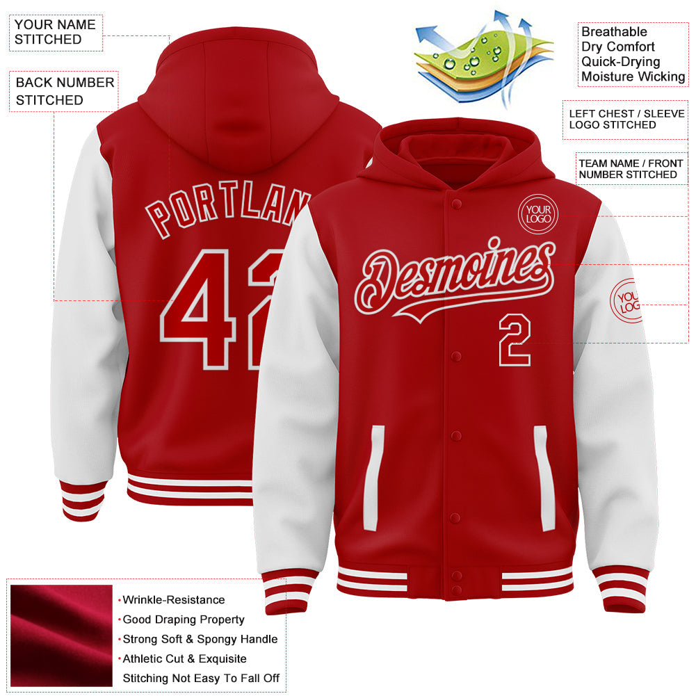 Custom Red White Bomber Full-Snap Varsity Letterman Two Tone Hoodie Jacket view 3