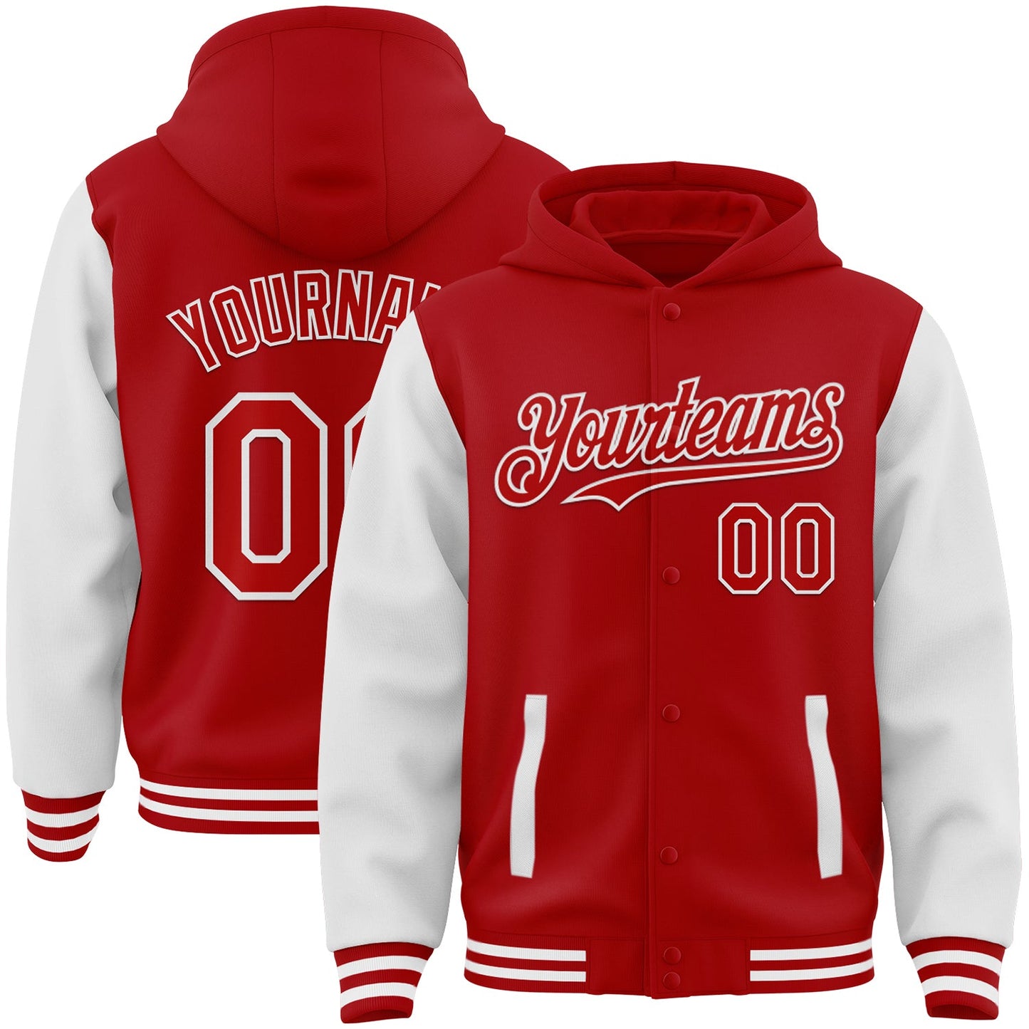Custom Red White Bomber Full-Snap Varsity Letterman Two Tone Hoodie Jacket - Main View