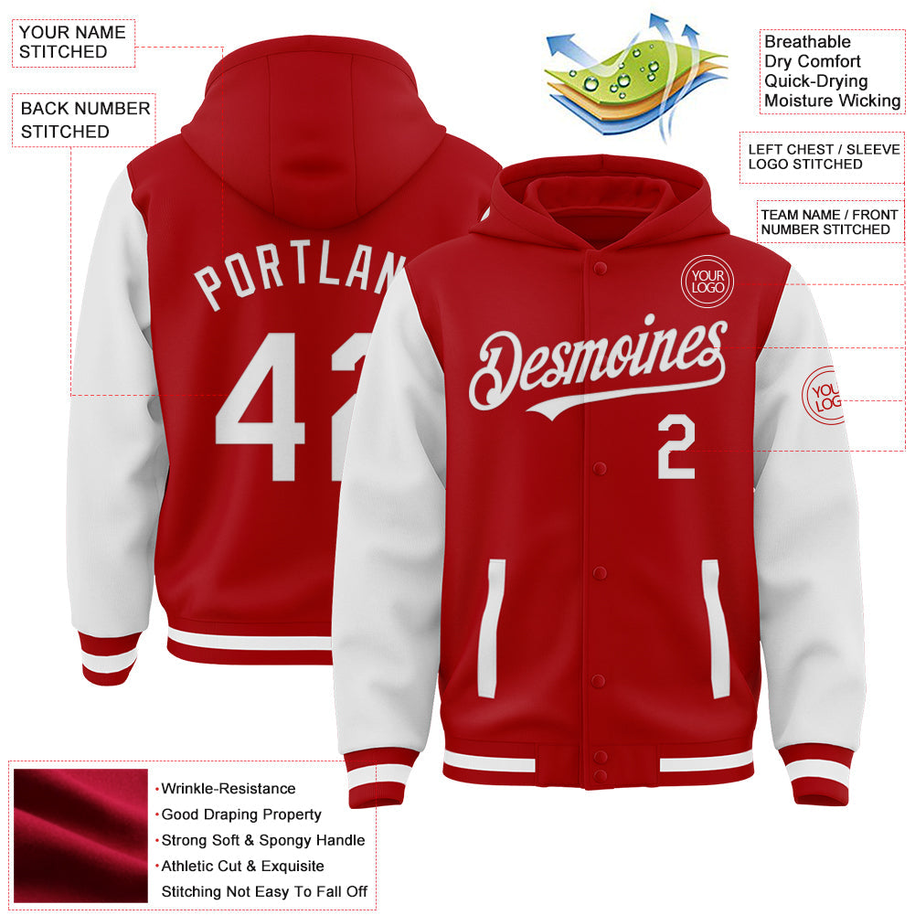 Custom Red White Bomber Full-Snap Varsity Letterman Two Tone Hoodie Jacket view 3