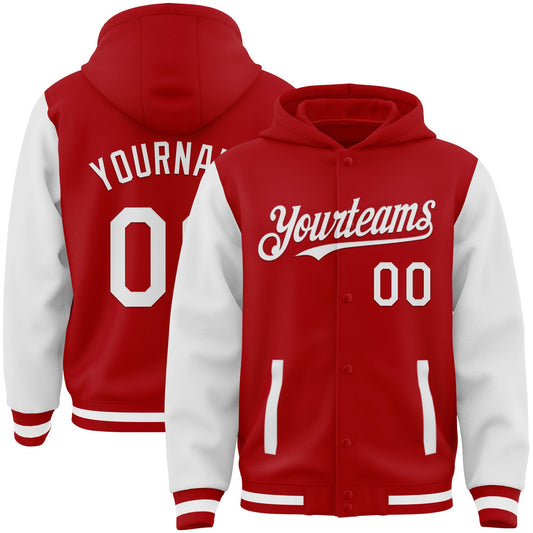 Custom Red White Bomber Full-Snap Varsity Letterman Two Tone Hoodie Jacket - Main View