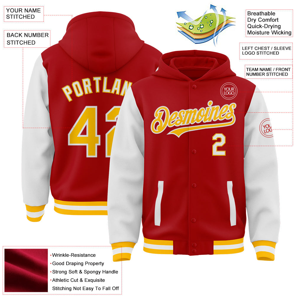Custom Red Gold-White Bomber Full-Snap Varsity Letterman Two Tone Hoodie Jacket view 3