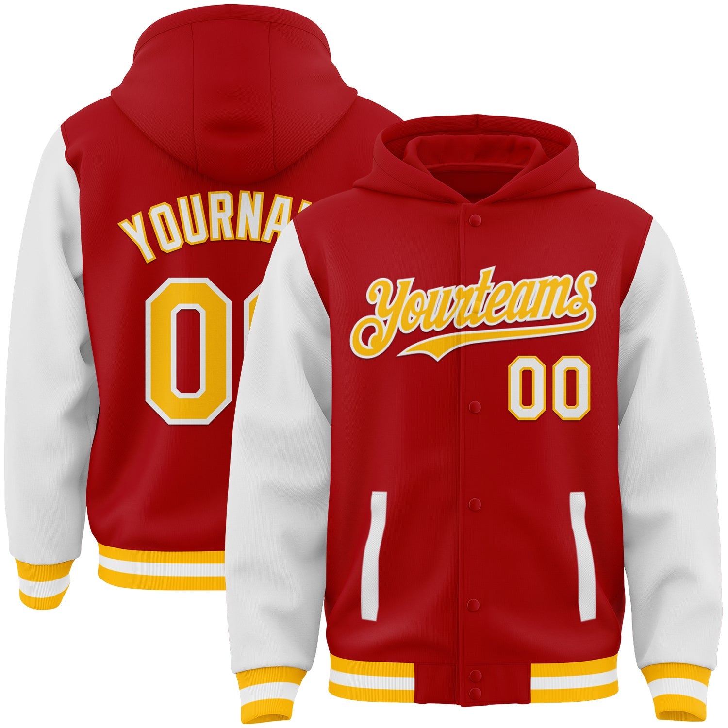 Custom Red Gold-White Bomber Full-Snap Varsity Letterman Two Tone Hoodie Jacket - Main View