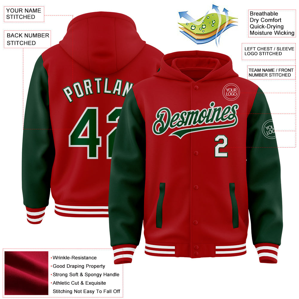 Custom Red Green-White Bomber Full-Snap Varsity Letterman Two Tone Hoodie Jacket view 3