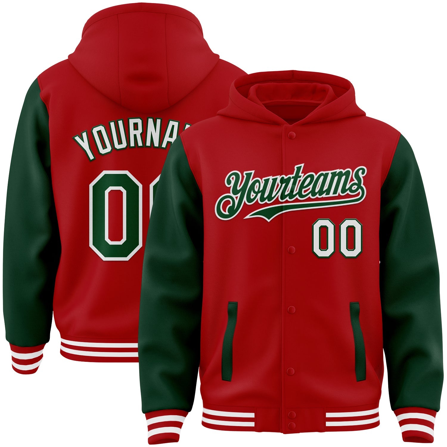 Custom Red Green-White Bomber Full-Snap Varsity Letterman Two Tone Hoodie Jacket - Main View
