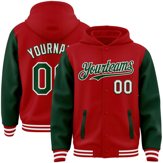 Custom Red Green-White Bomber Full-Snap Varsity Letterman Two Tone Hoodie Jacket - Main View