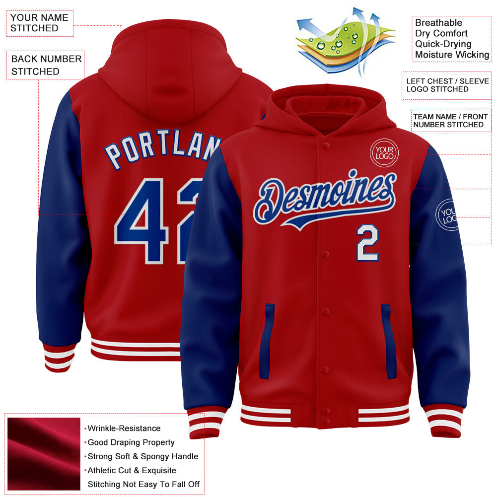 Custom Red Royal-White Bomber Full-Snap Varsity Letterman Two Tone Hoodie Jacket view 3