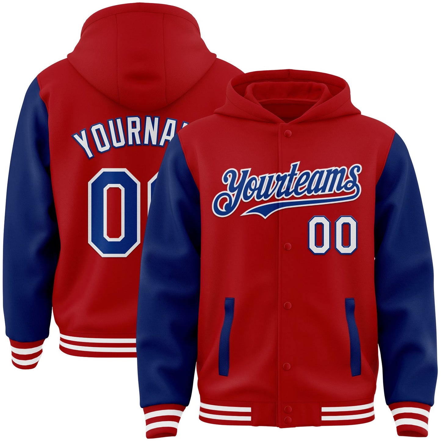 Custom Red Royal-White Bomber Full-Snap Varsity Letterman Two Tone Hoodie Jacket - Main View
