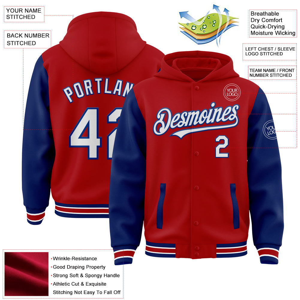 Custom Red White-Royal Bomber Full-Snap Varsity Letterman Two Tone Hoodie Jacket view 3