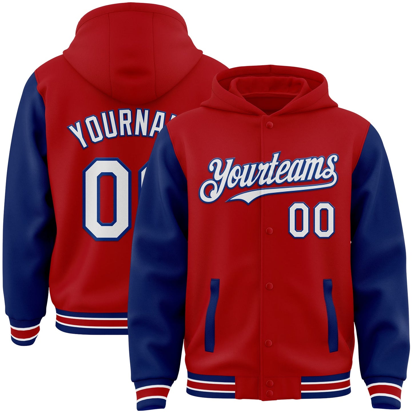 Custom Red White-Royal Bomber Full-Snap Varsity Letterman Two Tone Hoodie Jacket - Main View