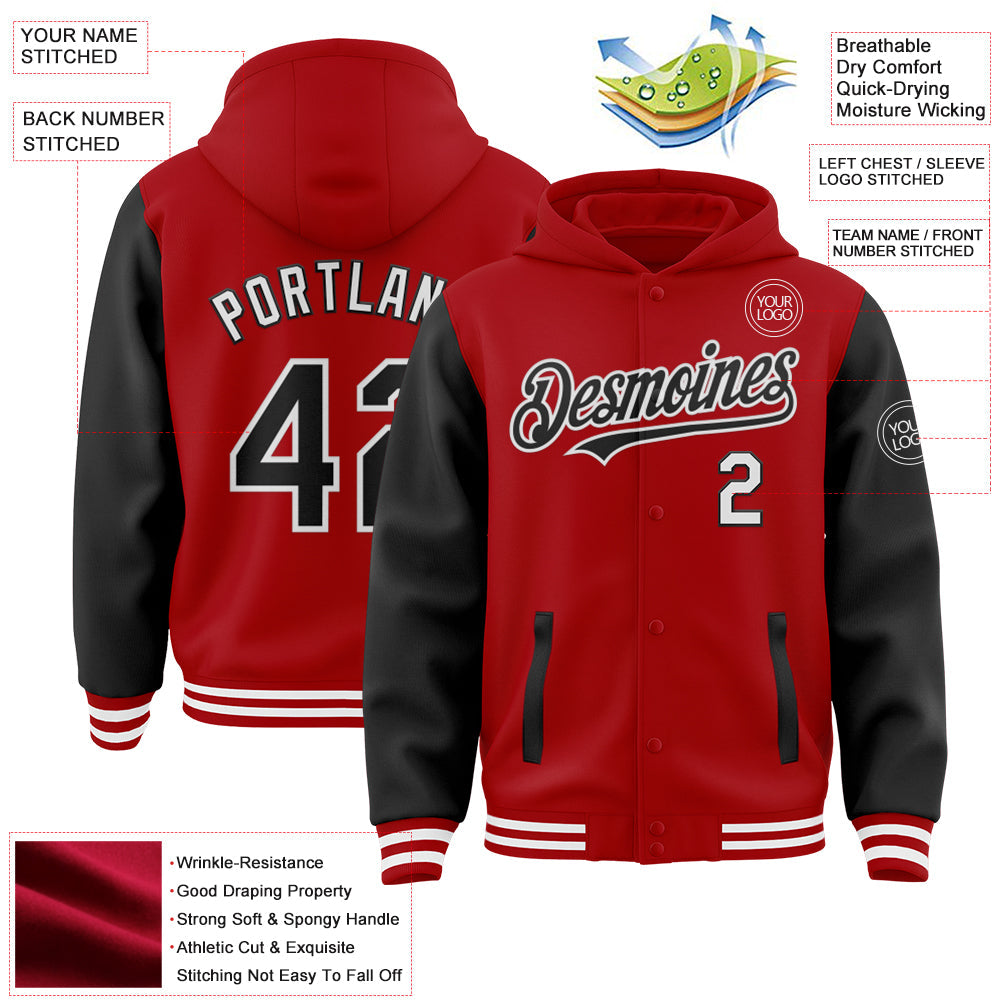 Custom Red Black-White Bomber Full-Snap Varsity Letterman Two Tone Hoodie Jacket view 3