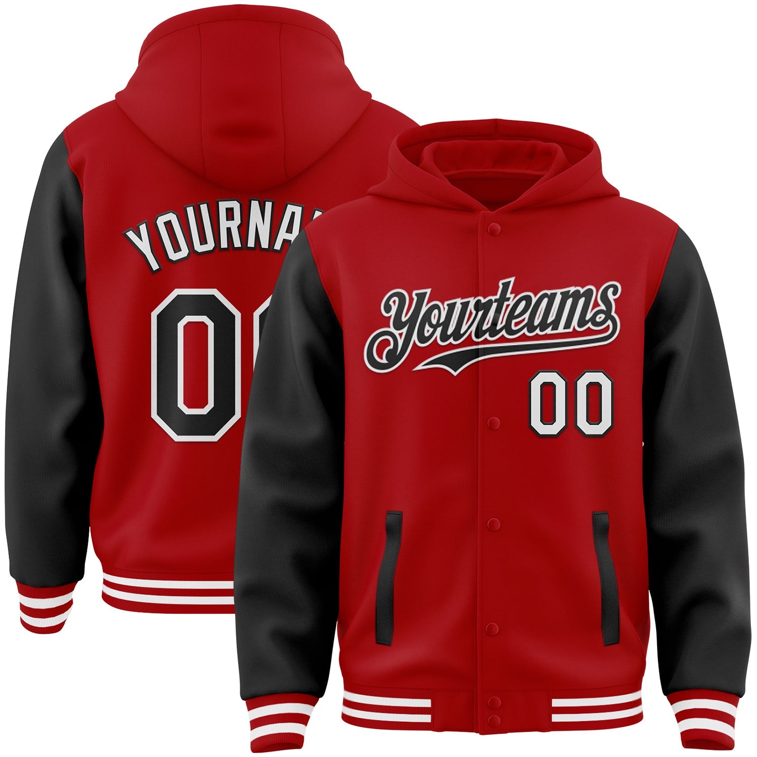 Custom Red Black-White Bomber Full-Snap Varsity Letterman Two Tone Hoodie Jacket - Main View