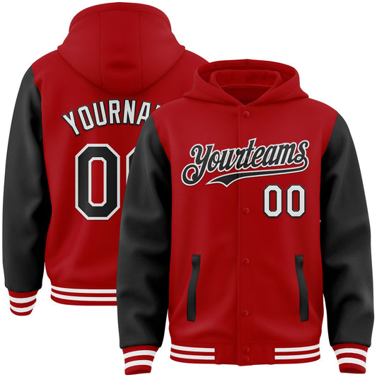 Custom Red Black-White Bomber Full-Snap Varsity Letterman Two Tone Hoodie Jacket - Main View