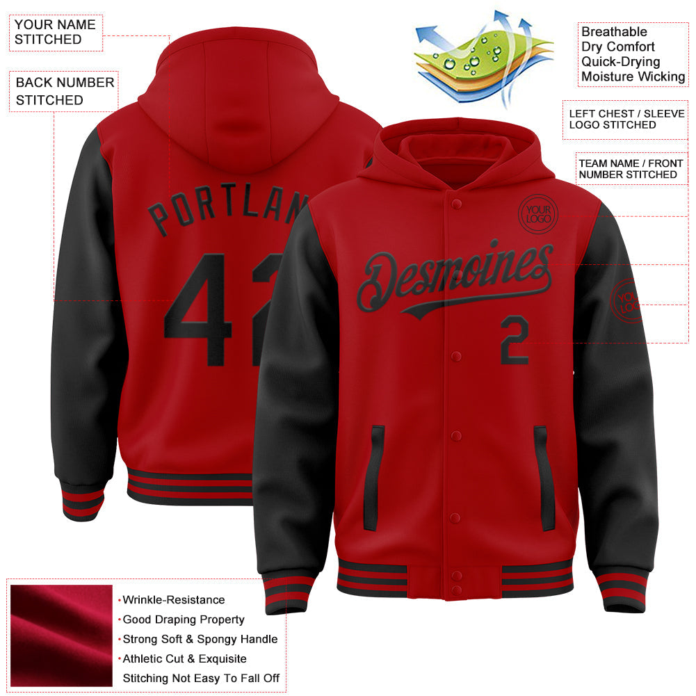Custom Red Black Bomber Full-Snap Varsity Letterman Two Tone Hoodie Jacket view 3