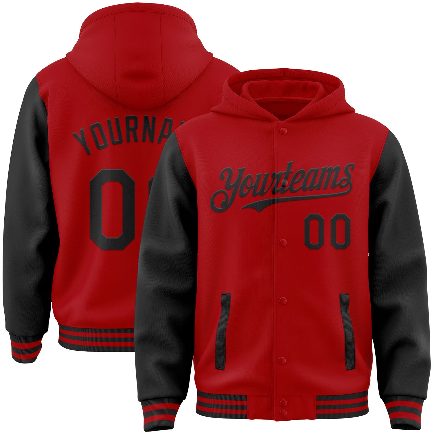 Custom Red Black Bomber Full-Snap Varsity Letterman Two Tone Hoodie Jacket - Main View