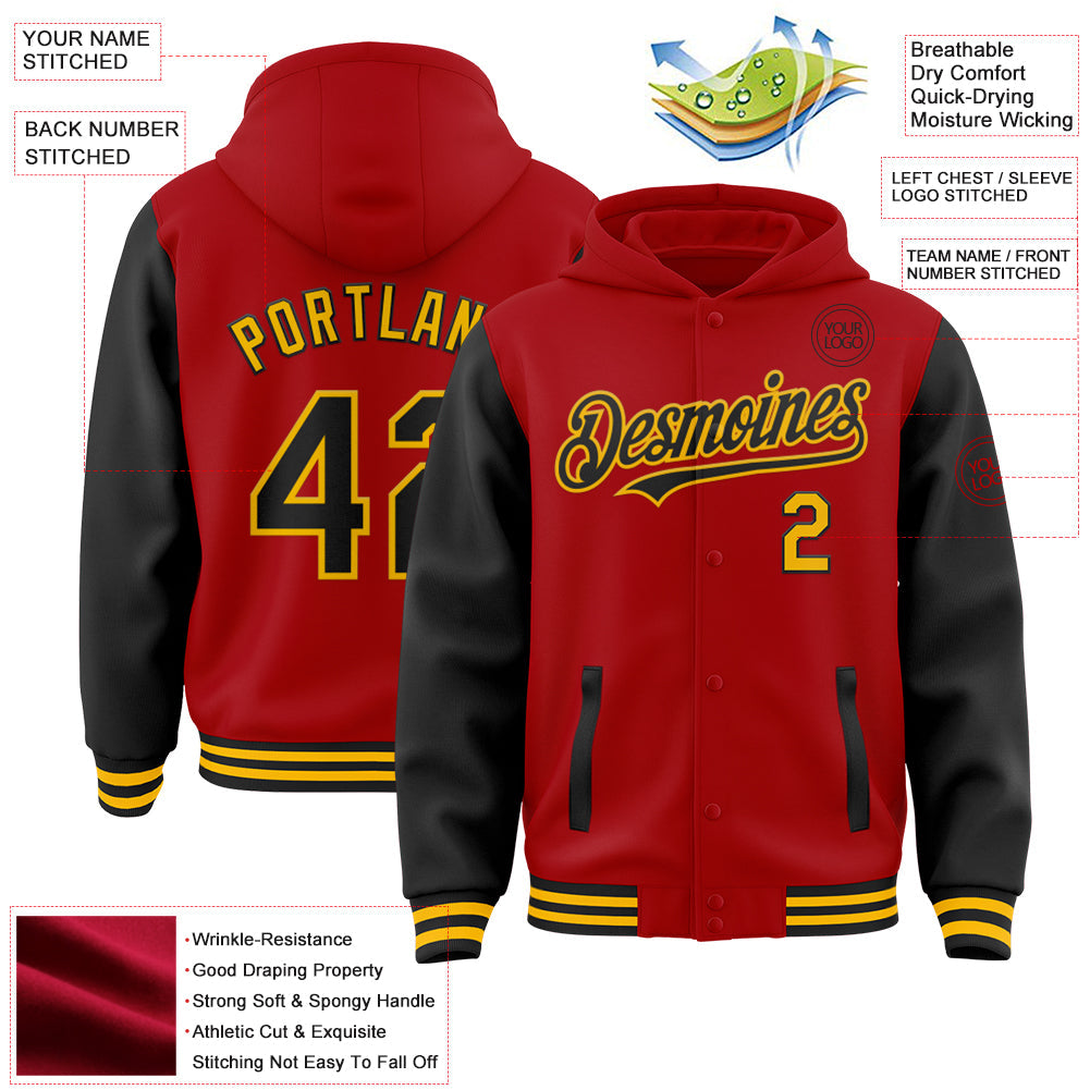 Custom Red Black-Gold Bomber Full-Snap Varsity Letterman Two Tone Hoodie Jacket view 3