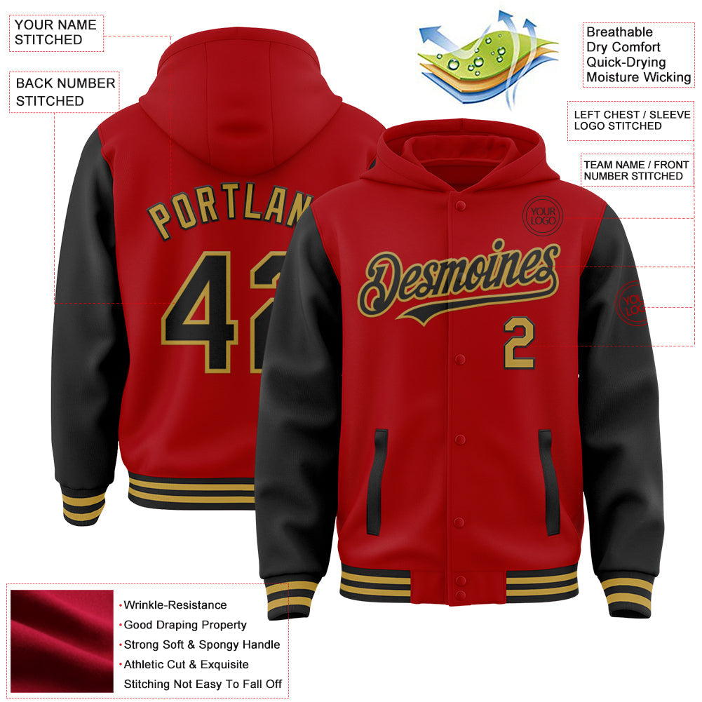 Custom Red Black-Old Gold Bomber Full-Snap Varsity Letterman Two Tone Hoodie Jacket view 3