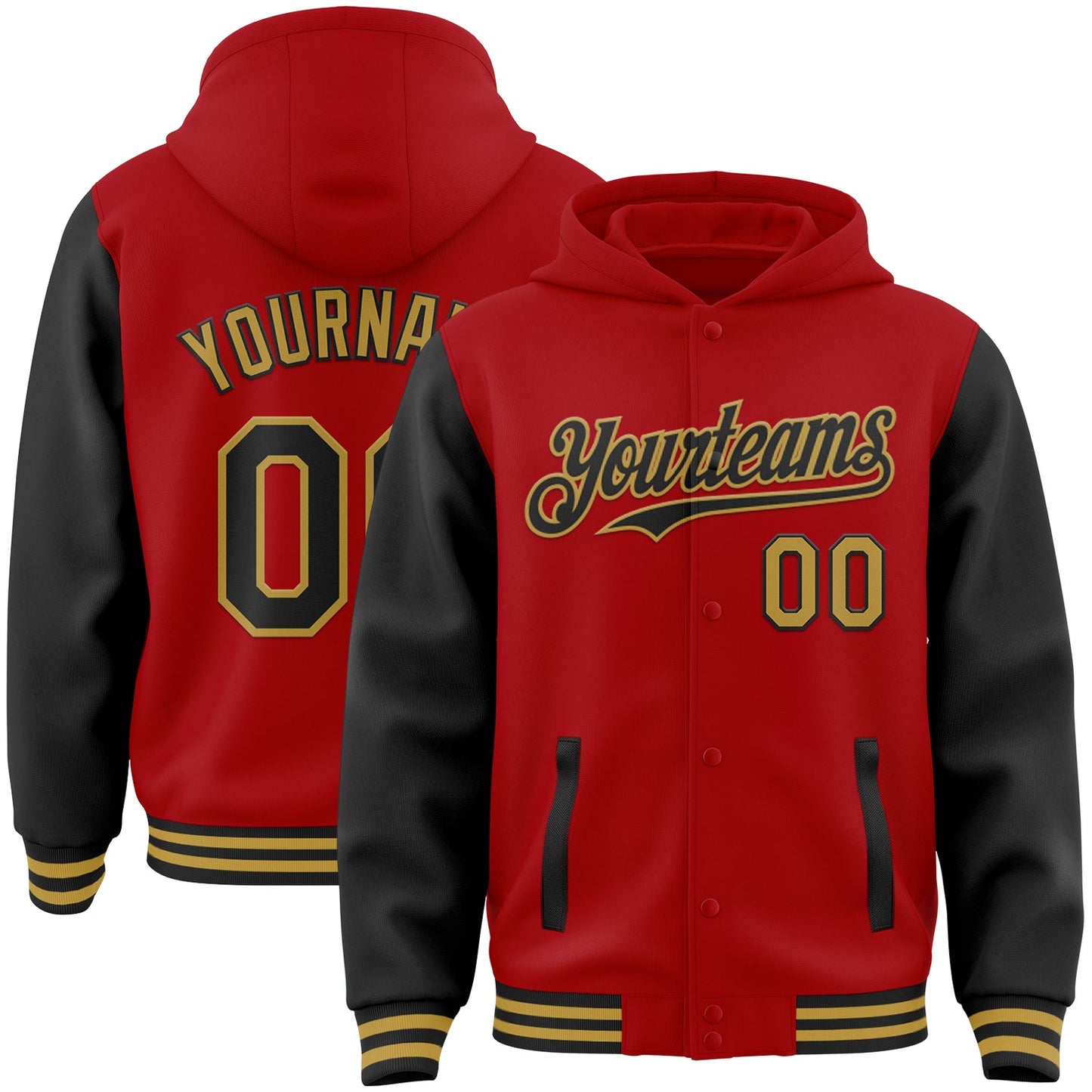 Custom Red Black-Old Gold Bomber Full-Snap Varsity Letterman Two Tone Hoodie Jacket - Main View