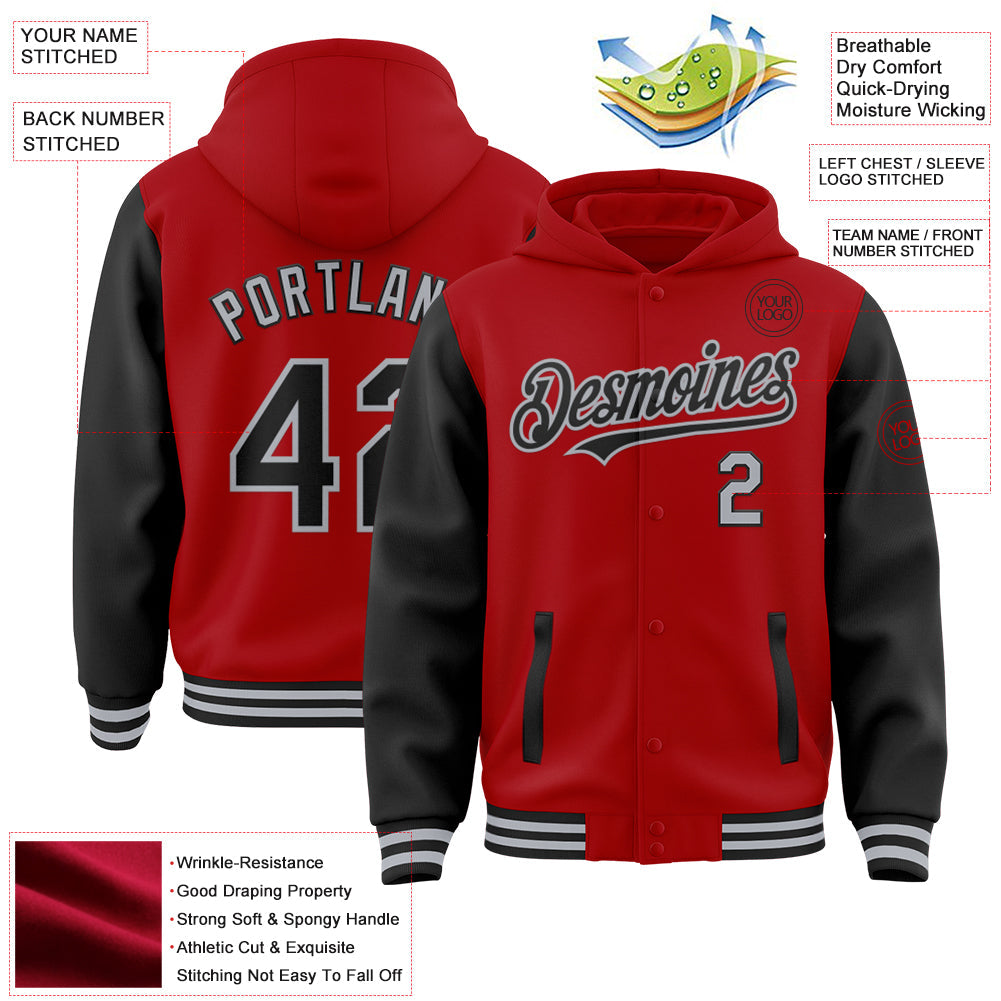 Custom Red Black-Gray Bomber Full-Snap Varsity Letterman Two Tone Hoodie Jacket view 3