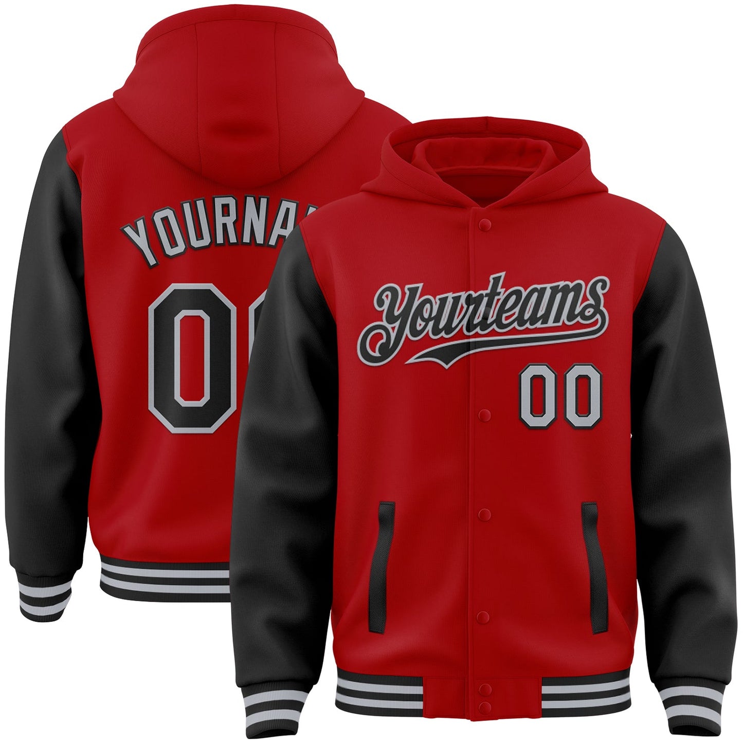 Custom Red Black-Gray Bomber Full-Snap Varsity Letterman Two Tone Hoodie Jacket - Main View