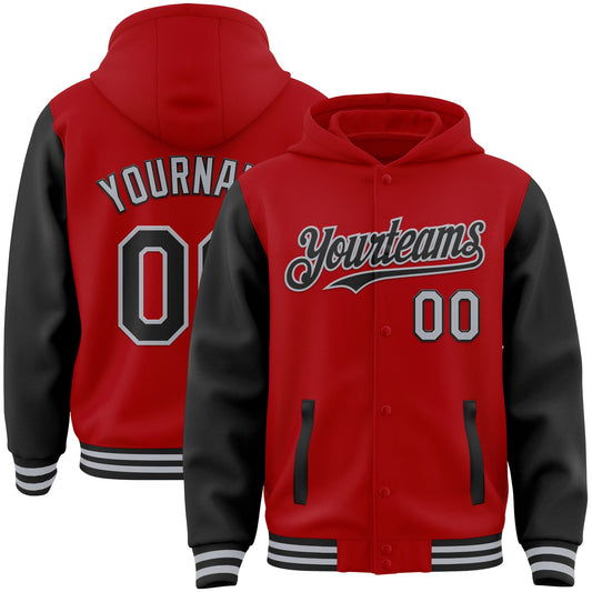 Custom Red Black-Gray Bomber Full-Snap Varsity Letterman Two Tone Hoodie Jacket - Main View