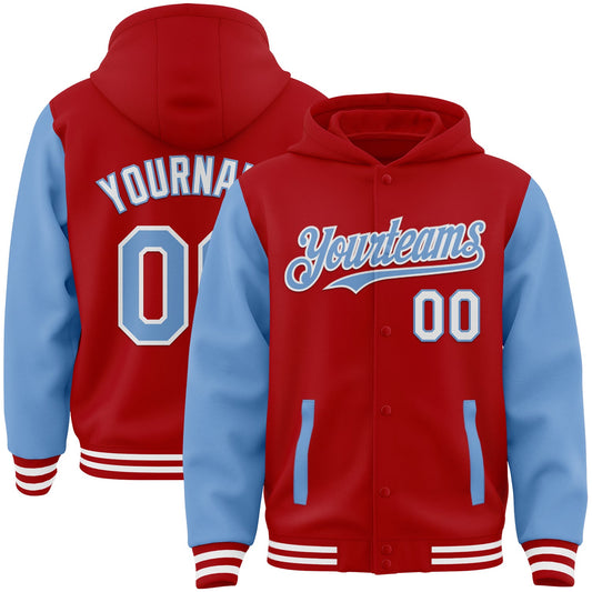 Custom Red Light Blue-White Bomber Full-Snap Varsity Letterman Two Tone Hoodie Jacket - Main View