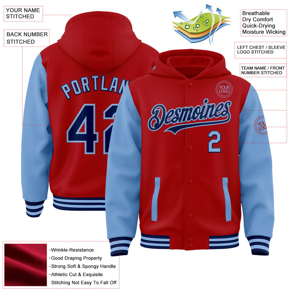 Custom Red Navy-Light Blue Bomber Full-Snap Varsity Letterman Two Tone Hoodie Jacket view 3