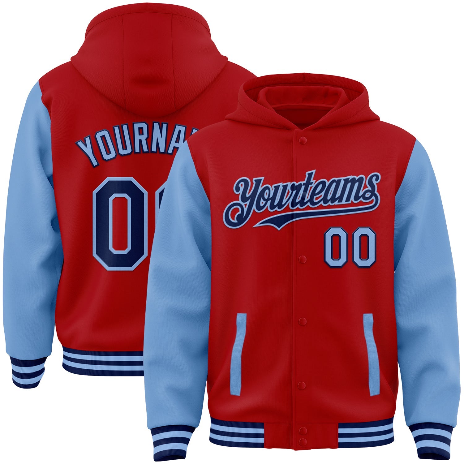 Custom Red Navy-Light Blue Bomber Full-Snap Varsity Letterman Two Tone Hoodie Jacket - Main View