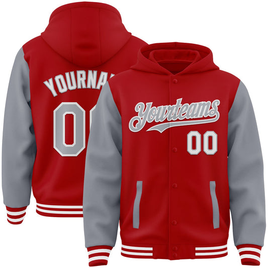 Custom Red Gray-White Bomber Full-Snap Varsity Letterman Two Tone Hoodie Jacket - Main View