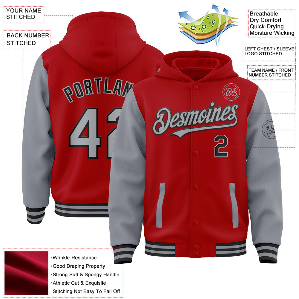 Custom Red Gray-Black Bomber Full-Snap Varsity Letterman Two Tone Hoodie Jacket view 3